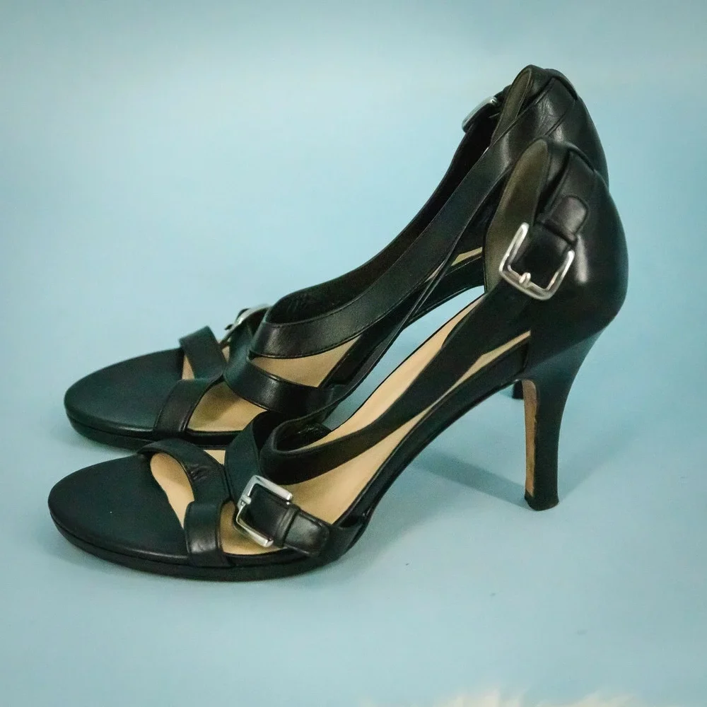 Cole Haan Size 8 Carma Black Leather Strappy Slip On High Heel Pumps Sandals